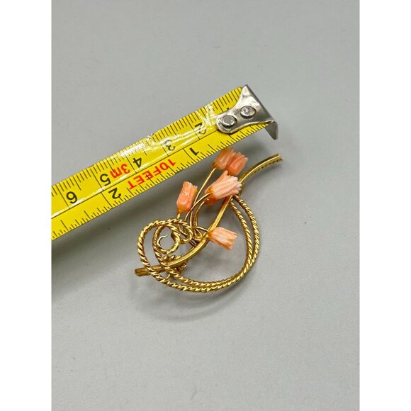 Vintage Floral Carved Coral Flowers Gold Tone Pin Brooch Small Pink Roses - Picture 6 of 6